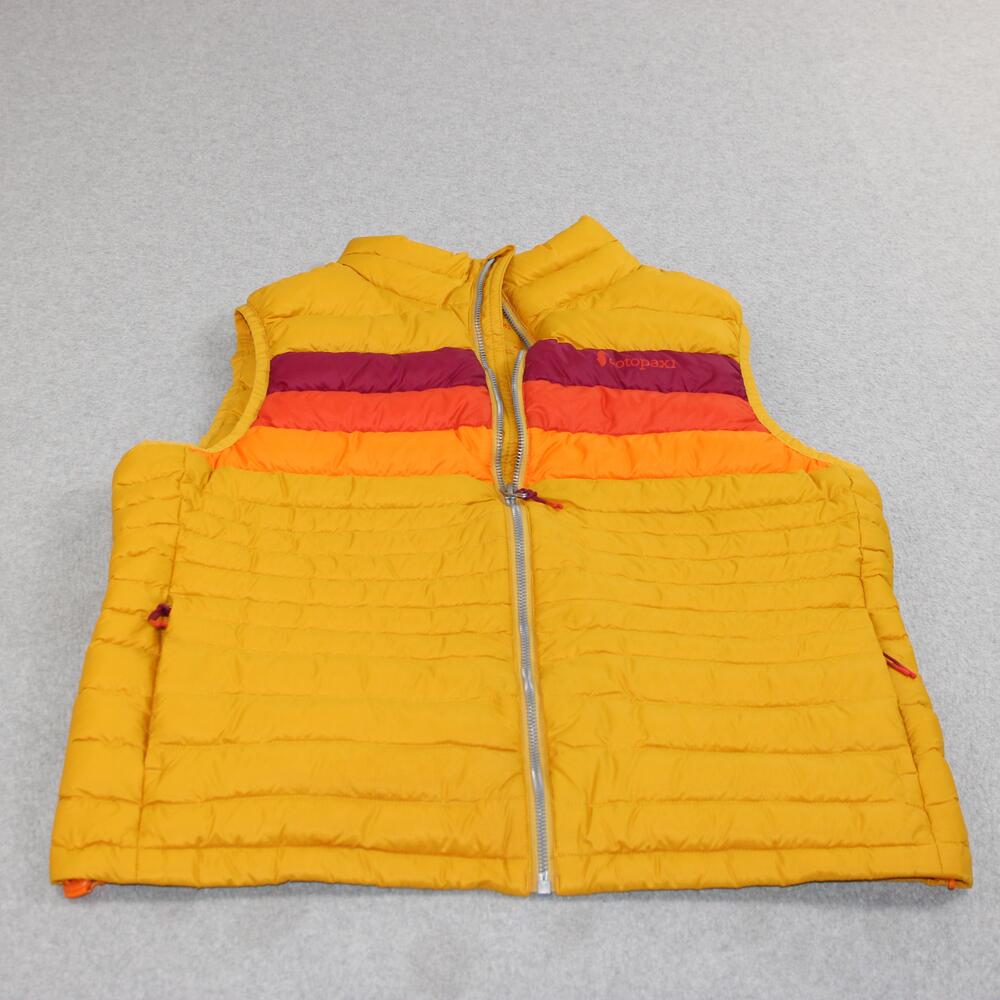 Cotopaxi Down Vest Women Large Yellow Striped Puffer Full Zip Outdoor Hiking